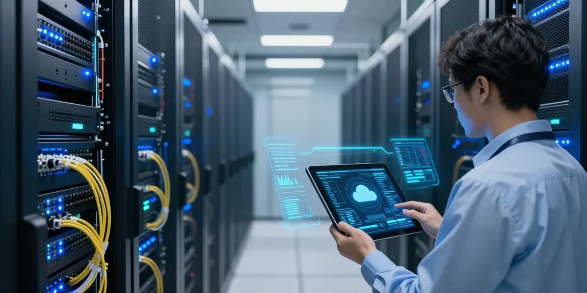 Thabet cloud computing solutions in a modern server environment, showcasing advanced cybersecurity and AI technology.