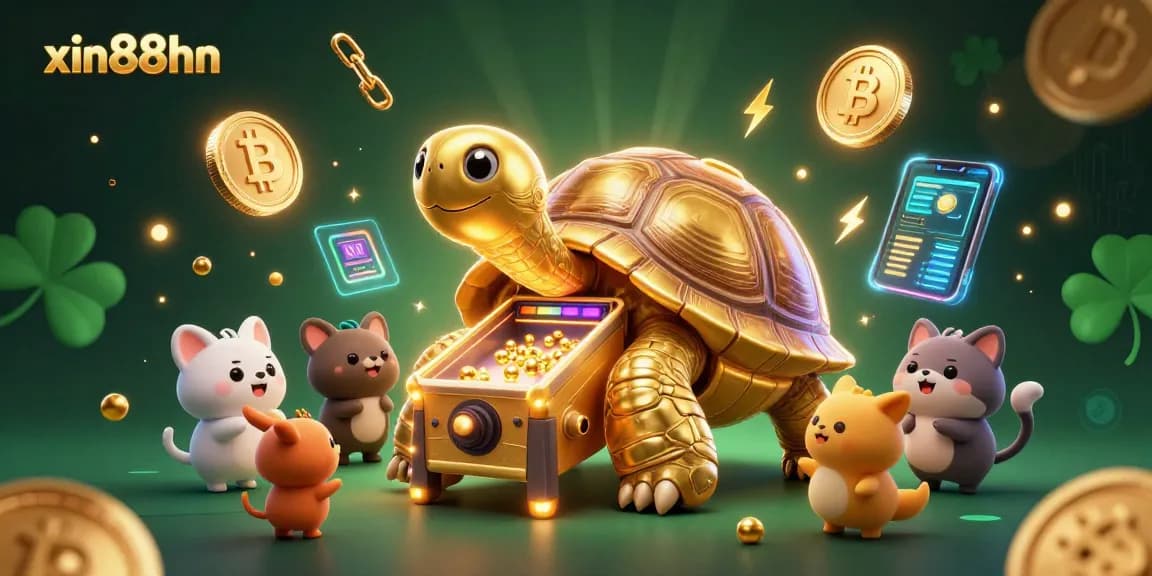Engage with xin88hn's thrilling games featuring a golden tortoise pinball machine and crypto elements.