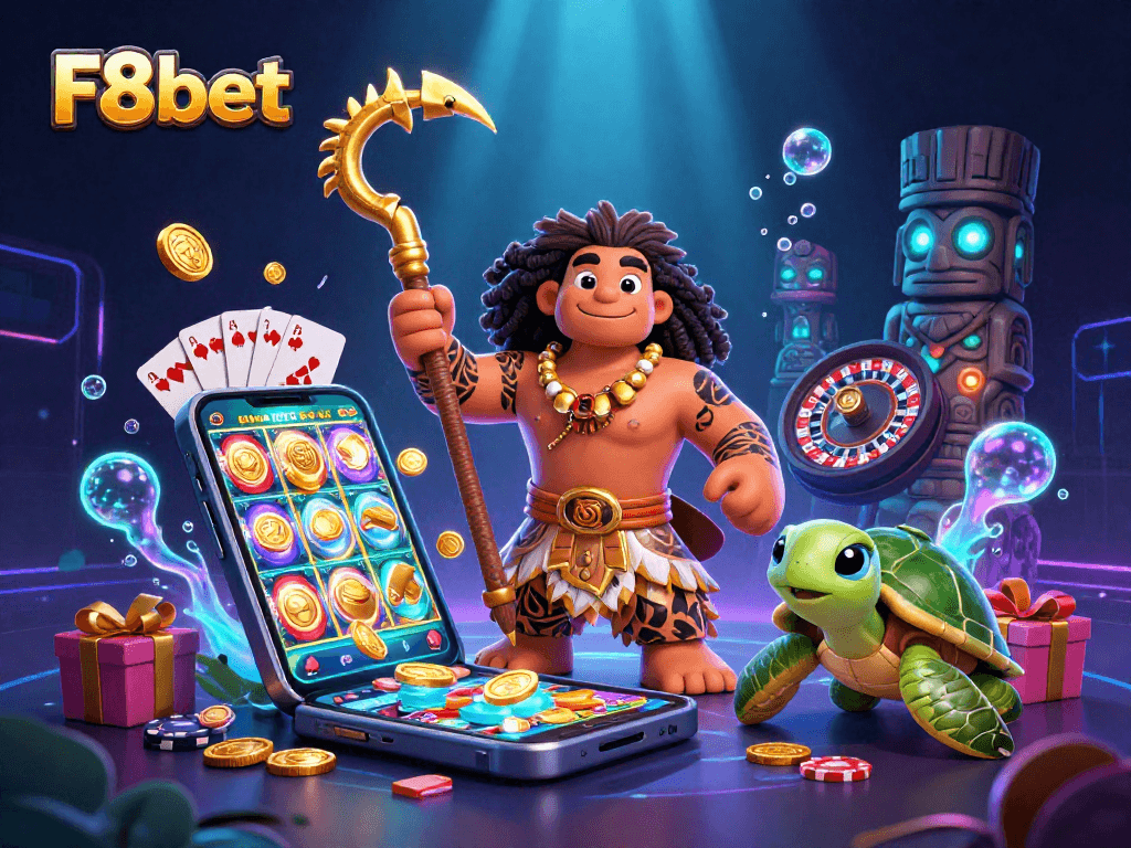 Immerse in F8bet's vibrant gambling world with dynamic casino elements and a mythical hero.