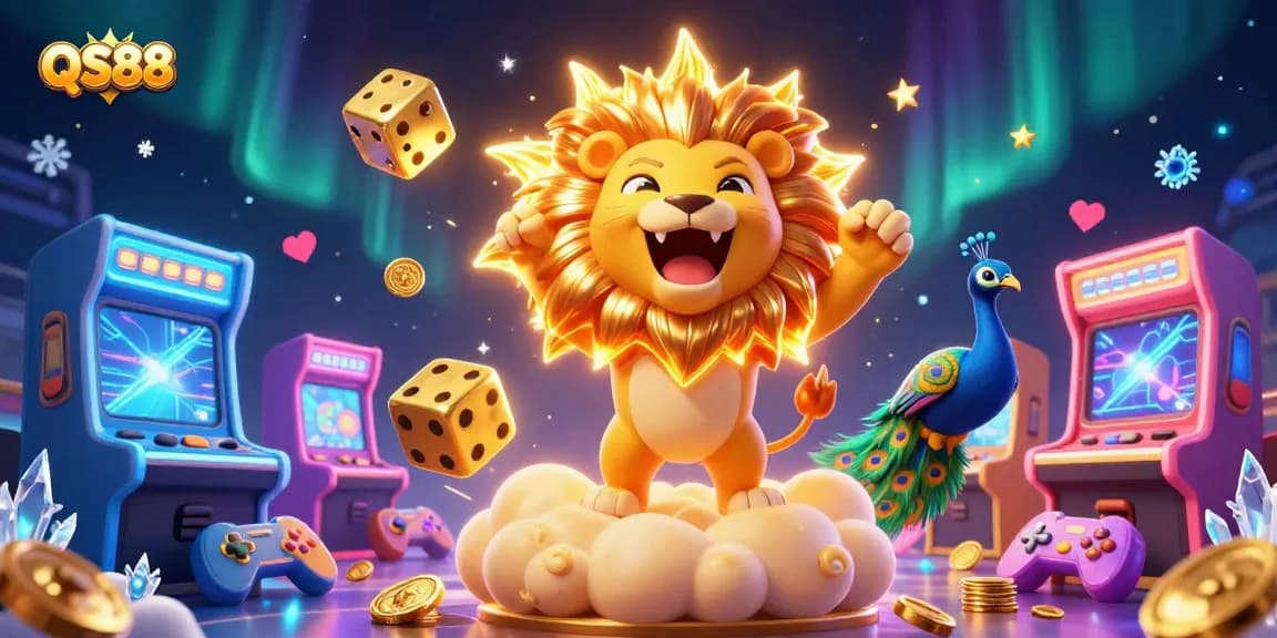 Engage with the vibrant QS88 casino scene featuring a roaring lion and golden dice amidst floating game elements.