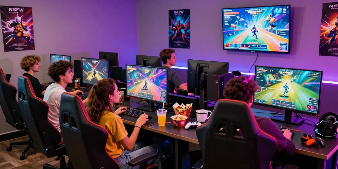Exciting atmosphere of friends playing an nsfw game in a vibrant gaming lounge.