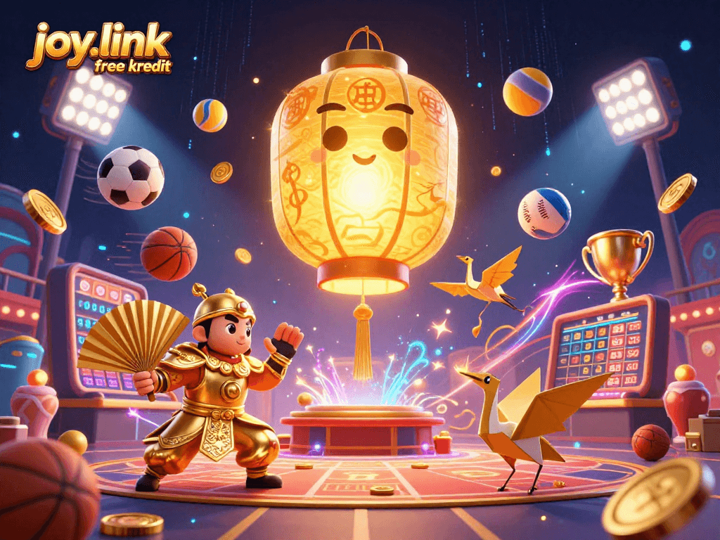 Experience the thrill at joy.link free kredit with a vibrant casino illustration showcasing spirited characters and dynamic sports elements.