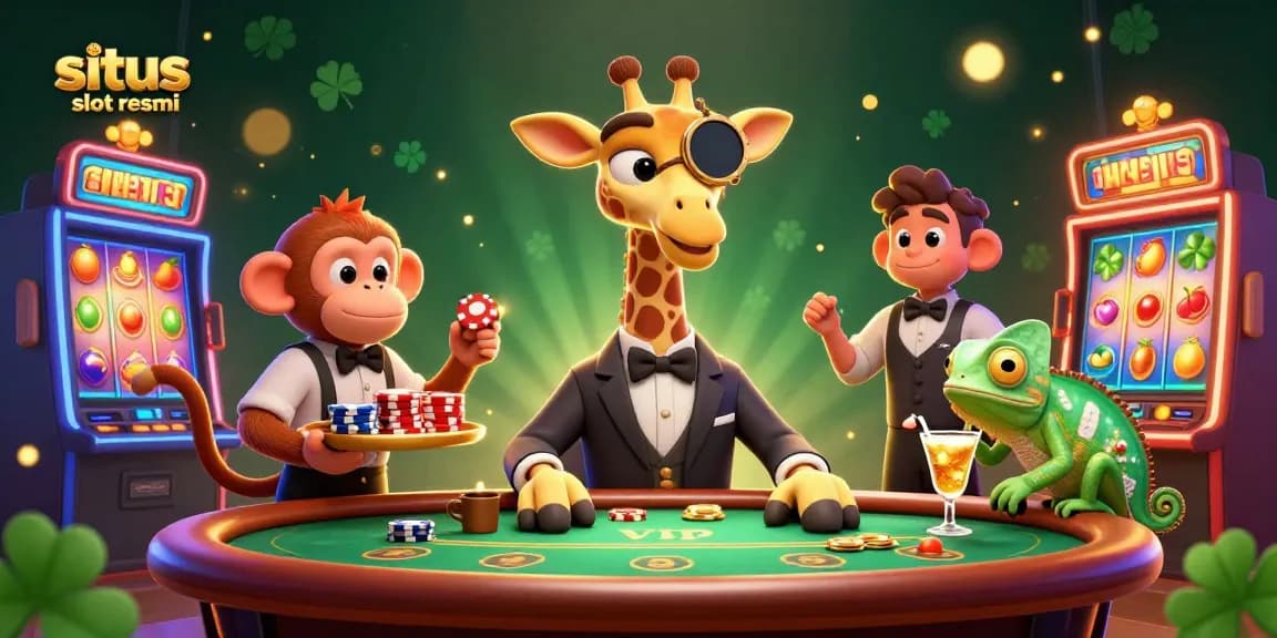 Spin and win at situs slot resmi with a vibrant scene of a high-roller giraffe, monkey valet, and chameleon bartender