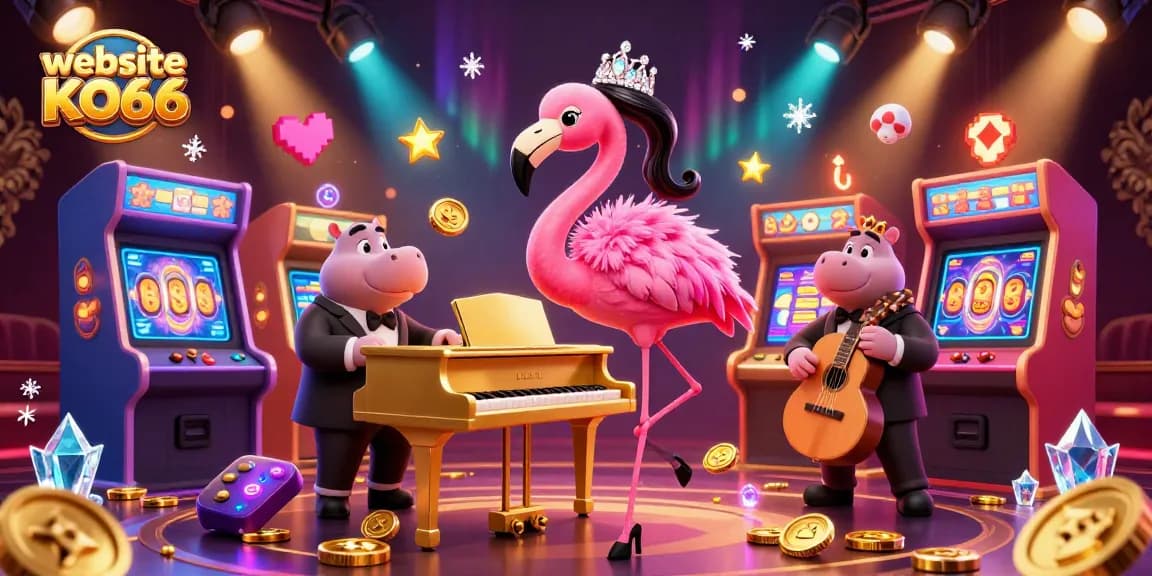 Catch the excitement at website KO66 with a vibrant casino scene featuring a flamingo singer, hippo bassist, and dynamic game elements.