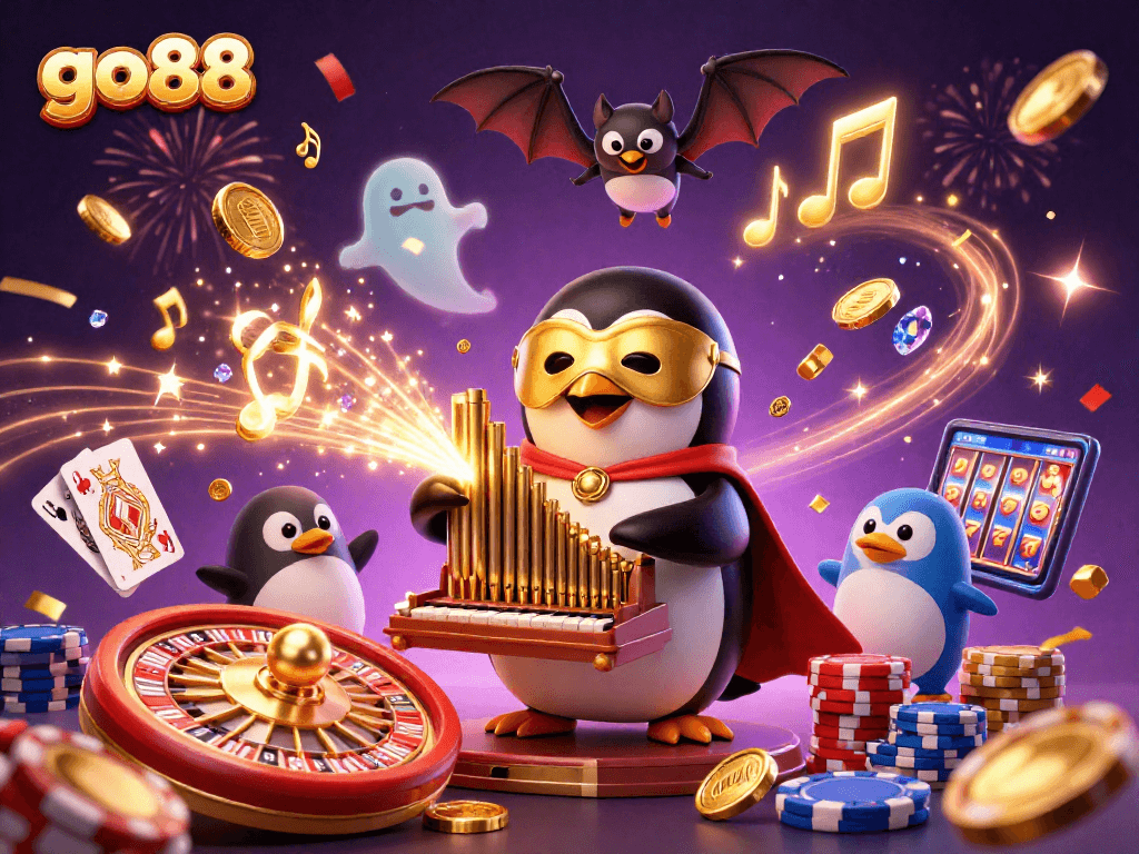 Go88 offers a captivating scene with golden coins and a phantom penguin at the casino.