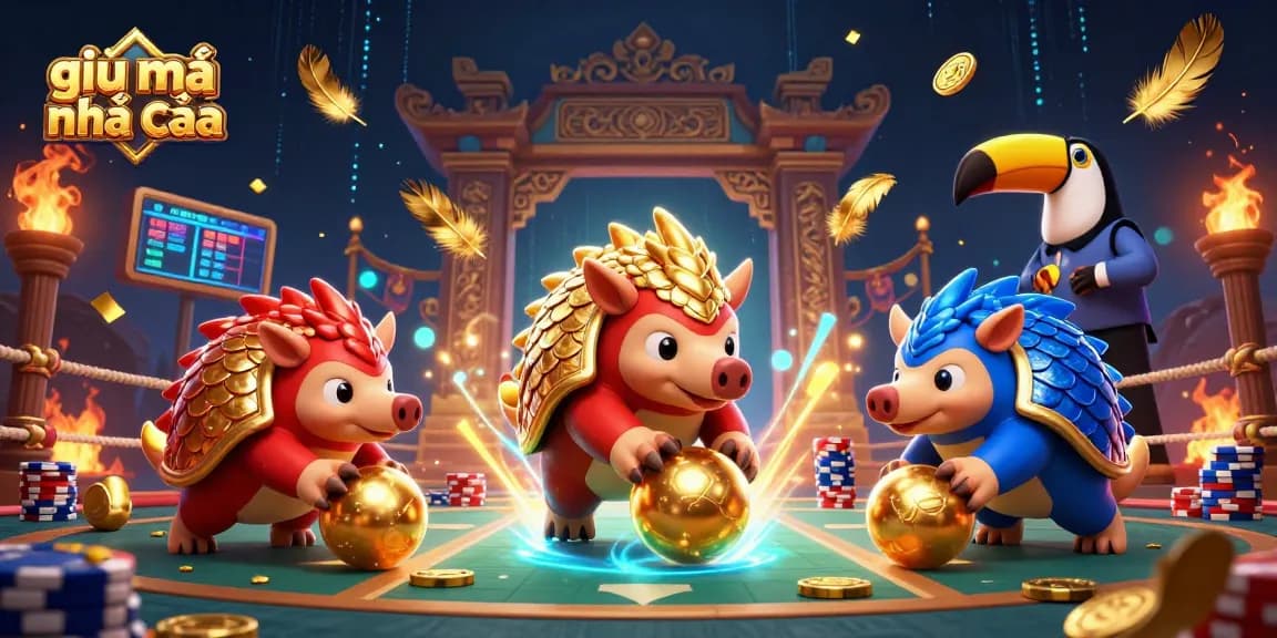 Engage in the thrilling world of giải mã nhà cái with rival pangolins battling in a vibrant casino environment.