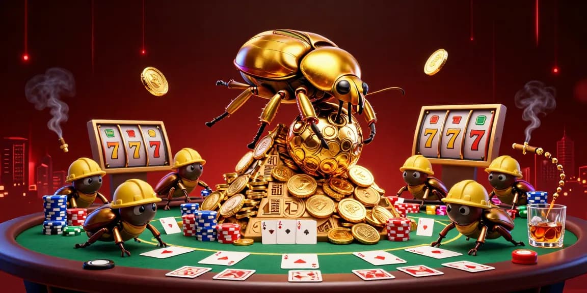 Winning big at the slots with 33winvn, featuring golden beetles and poker excitement.