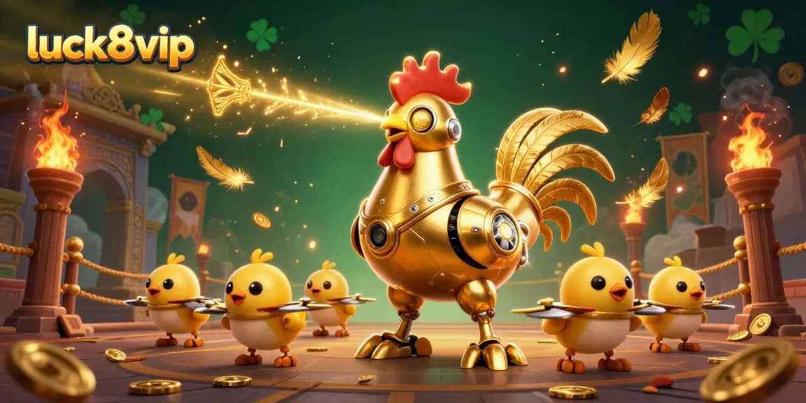 Engage in thrilling gameplay at luck8vip with dynamic golden rooster robot and baby chick drones in an exciting casino atmosphere.