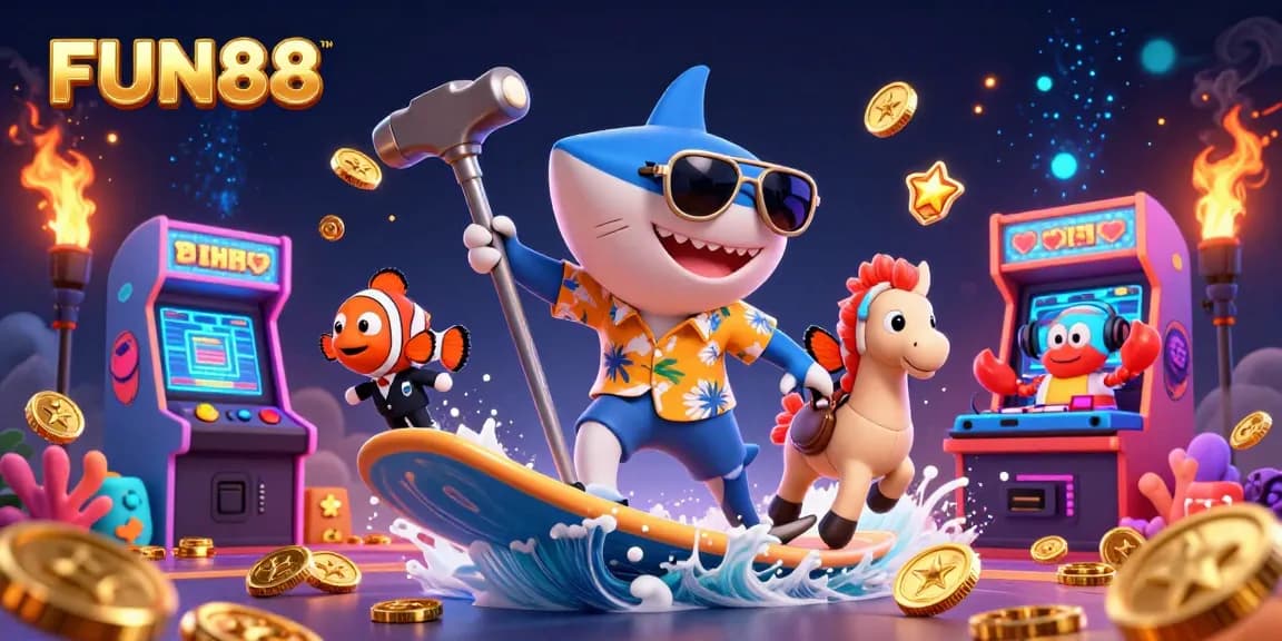 Surf through exciting casino experiences at FUN88 with vibrant gaming elements and lively characters.