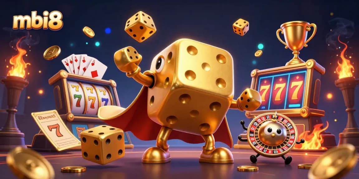 Join the excitement at mbi8 with a dynamic illustration of golden dice and slots elements.