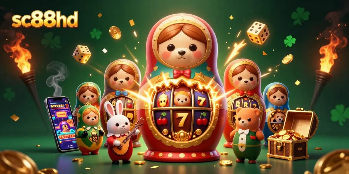 Experience sc88hd thrills with vibrant 3D characters and slot machine action in this detailed casino illustration.
