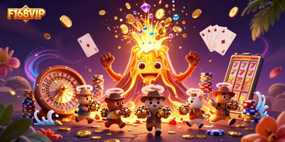 Experience the thrilling excitement of F168VIP with treasure erupting in a vibrant casino scene.
