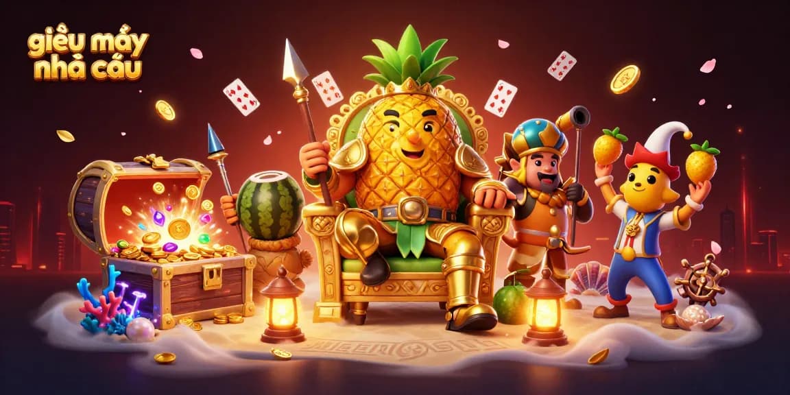 Engaging scene of giải mã nhà cái showing a pineapple king and characters in a vibrant beach casino adventure.