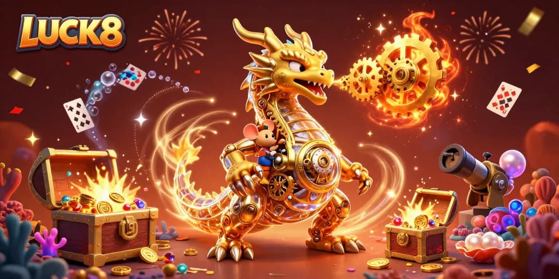LUCK8 showcases a golden dragon breathing gears amidst festive confetti and underwater treasures.