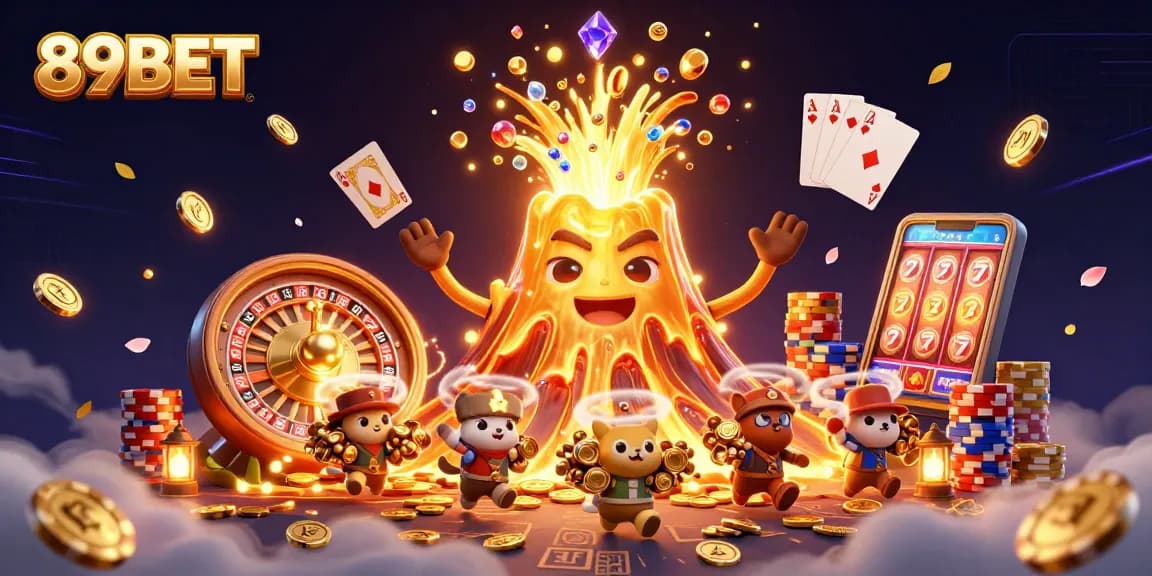 Feel the thrill of 89BET as coins cascade from the triumphant volcano, symbolizing jackpot excitement.