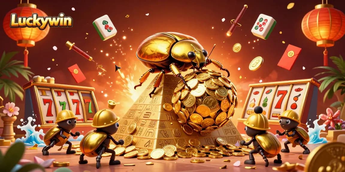 Experience Luckywin's thrilling gaming journey with golden beetles and casino symbols.