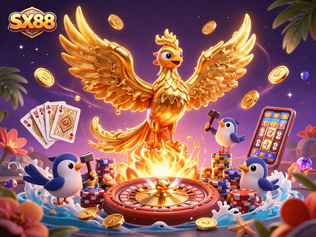 SX88 unveils a captivating scene with a molten phoenix, golden coins, and vibrant casino games.