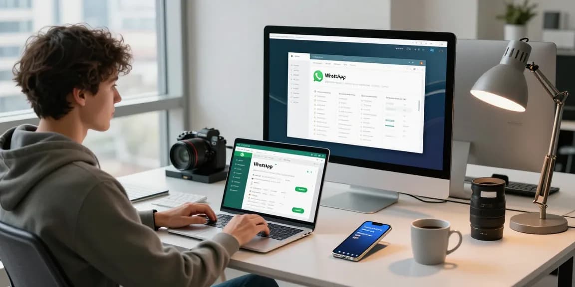 Professional using WhatsApp网頁版 on laptop in modern workspace with tech gadgets.