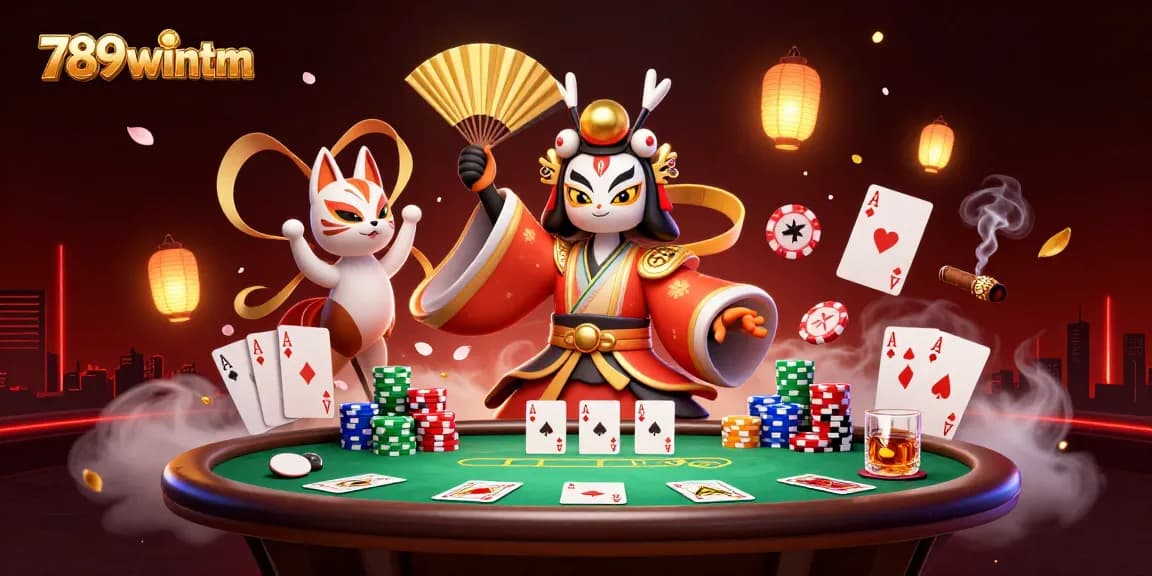Experience thrilling moments at 789wintm with a kabuki warrior and poker elements.