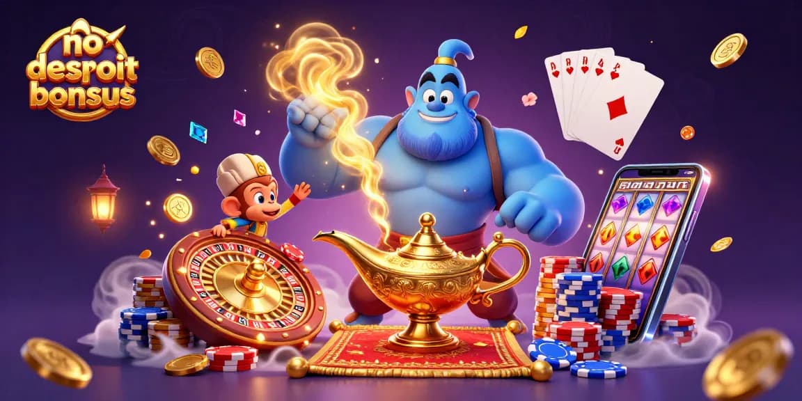 Engage with no deposit casino bonuses through a vibrant 3D illustration of a genie and game elements.