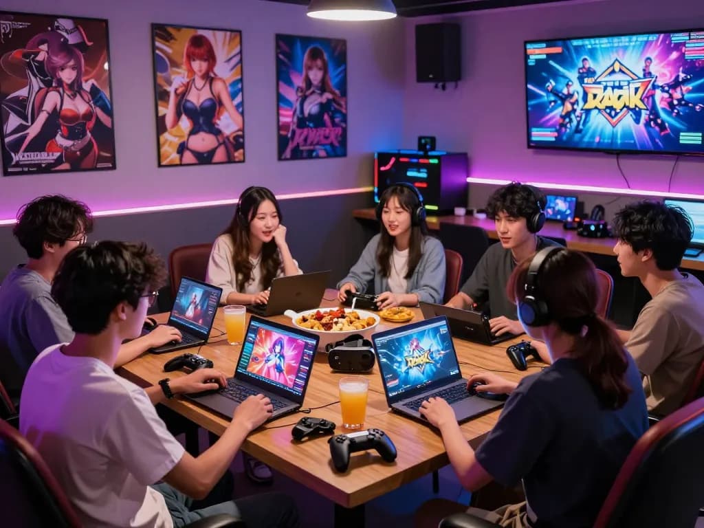 Enthusiastic group enjoying adult visual novels while play porn games in a cozy gaming lounge.