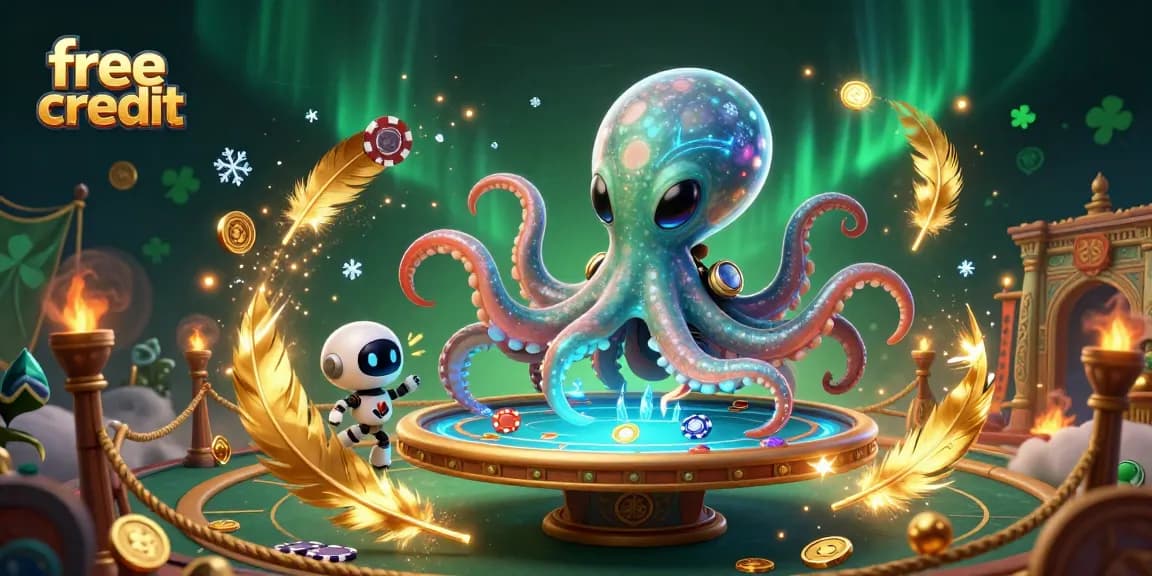 Engage with free credit offers as a 3D alien octopus deals at a glowing poker table.
