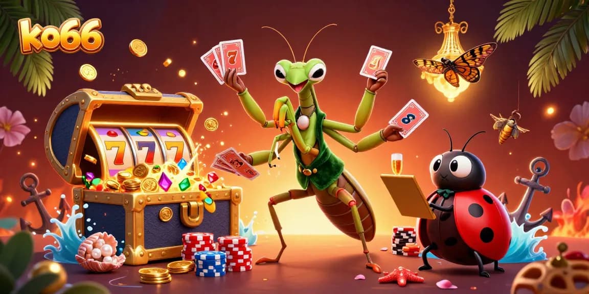 Experience the excitement of ko66 with a dynamic casino scene featuring a card sharp and vibrant slot elements.