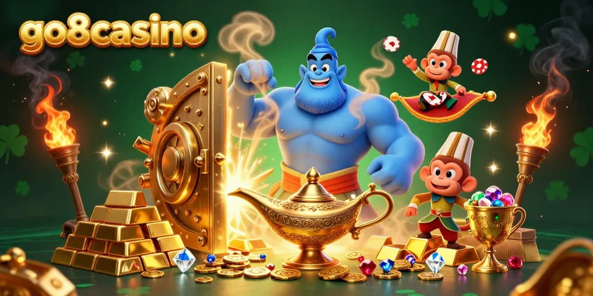 Experience the thrill at go8casino with a vibrant 3D illustration showcasing a genie, monkey, and poker chips.