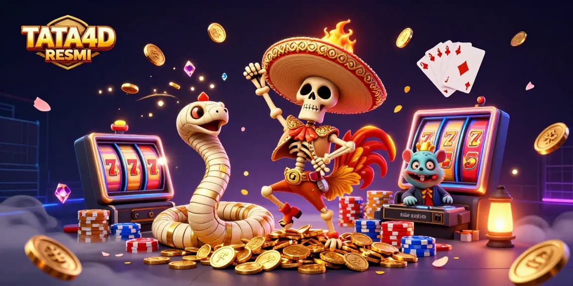 TATA4D RESMI brings excitement with a lively rooster dancing on gold coins amidst a vibrant casino scene.