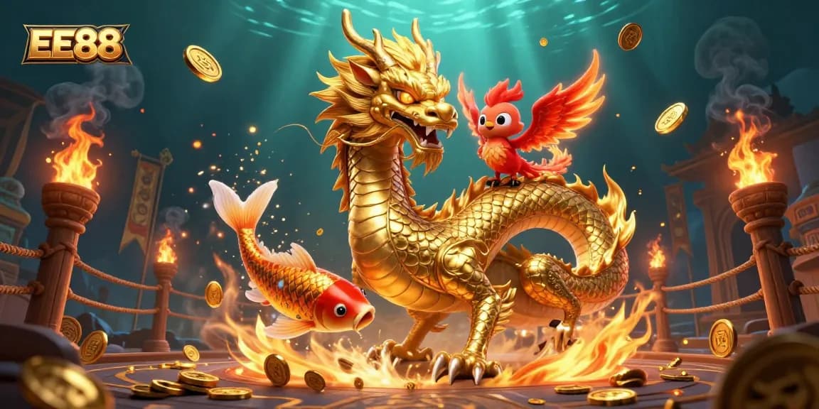 Engage with thrilling gameplay at EE88 featuring a dynamic dragon, phoenix, and koi fish amidst epic casino elements.