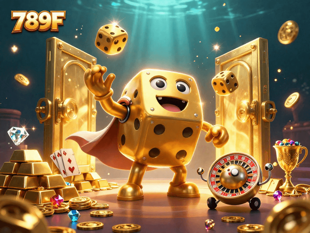 Engage in immersive gaming at 789F with a vibrant casino scene featuring golden dice and treasure.
