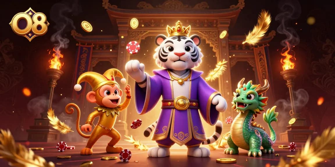 Engage with O8's lively 3D casino illustration featuring a regal white tiger, playful monkey, and jade dragon amidst gold coins and gaming elements.