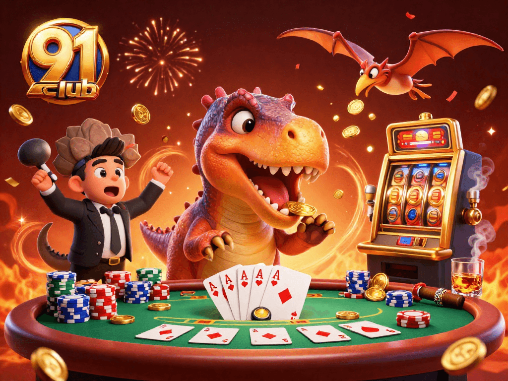 Experience the thrill of 91 club as the pachycephalosaurus hits the jackpot in a vibrant casino scene.