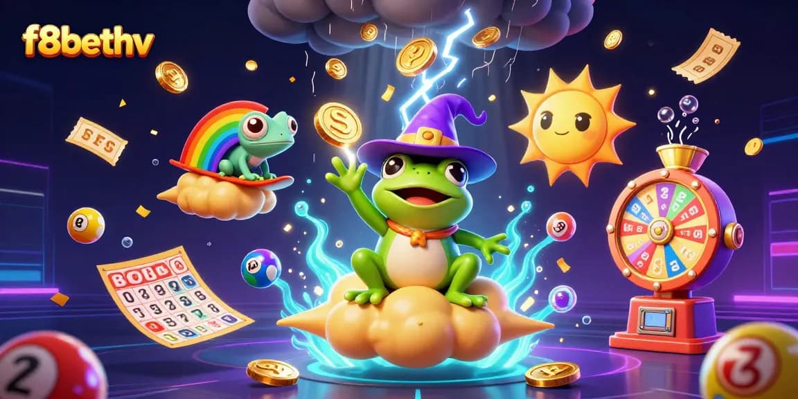 The f8bethv scene showcases a weather wizard frog amidst a storm of coins, embodying the thrill of casino wins with colorful lottery elements.