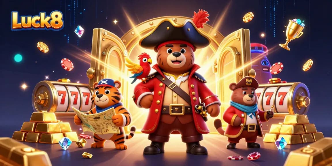 Luck8 pirates celebrate amidst diamond-studded slots and treasure in a vibrant casino scene.