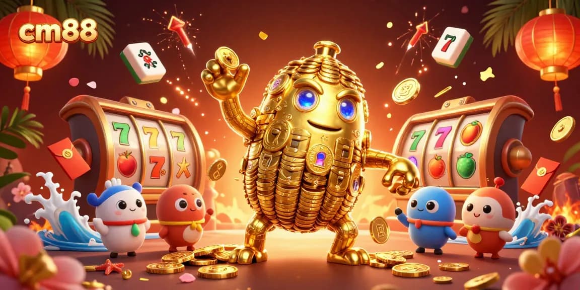 Experience thrilling gaming adventures with cm88's vibrant 3D illustration showcasing slot reels and a golden golem.