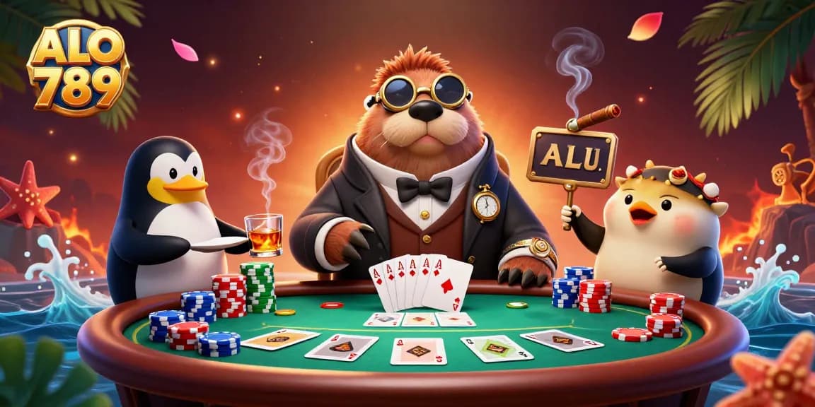 Engage in thrilling poker action with ALO 789 featuring a jolly walrus and penguin dealer.