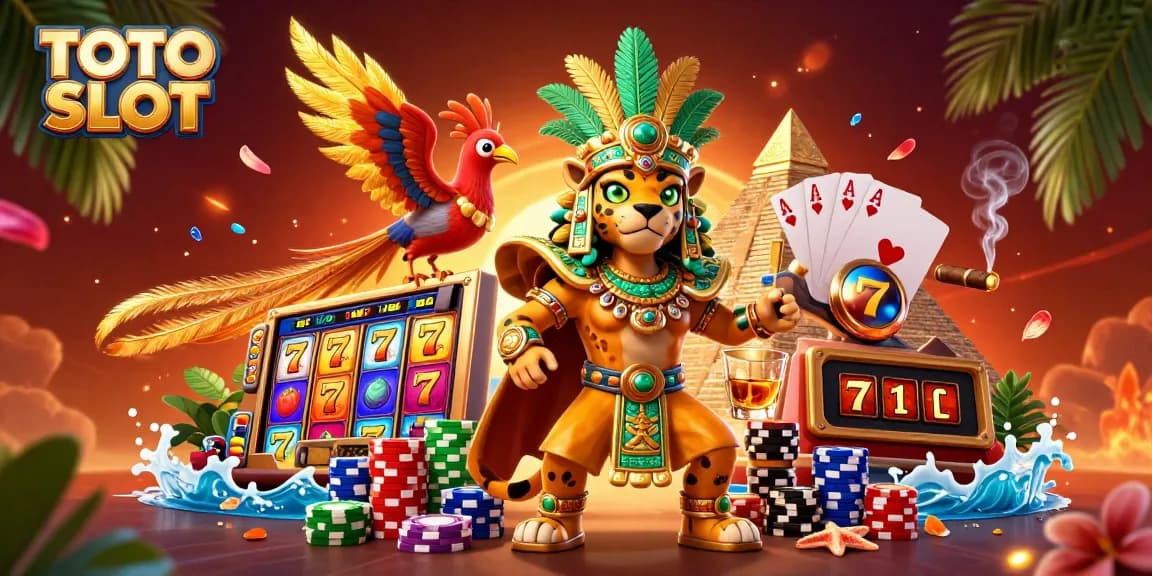 TOTO SLOT showcases vibrant slot reels and a Mayan priest in a rich casino scene.