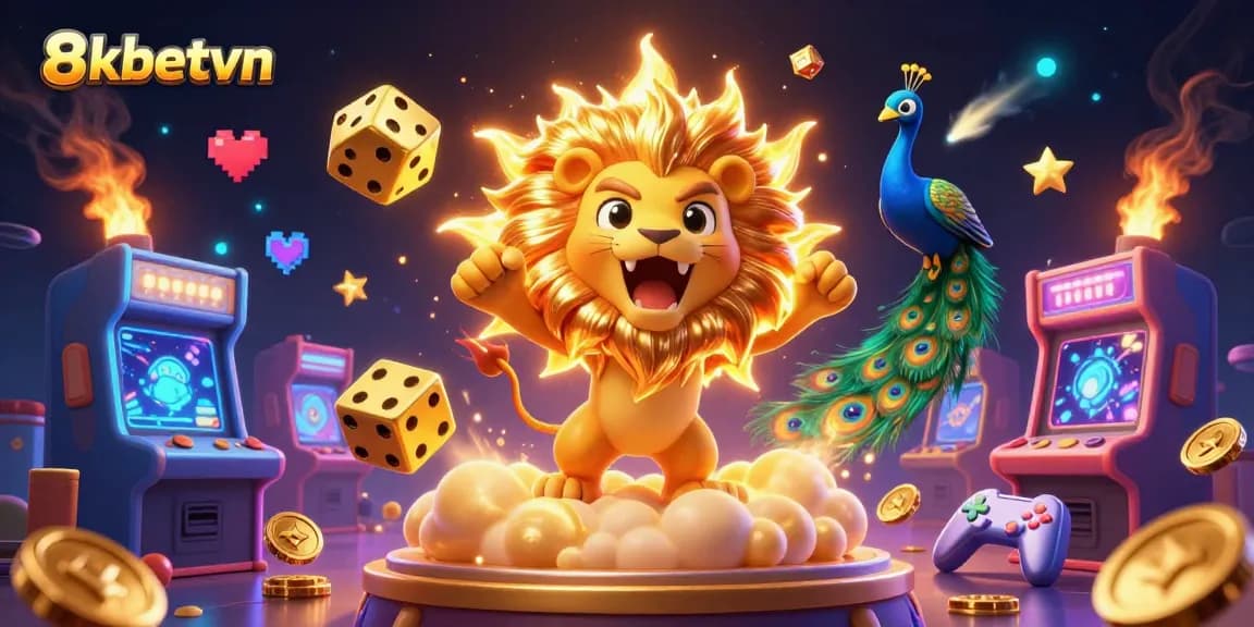 8kbetvn brings the excitement of online gambling to life with vibrant characters and casino elements in a vivid digital illustration.