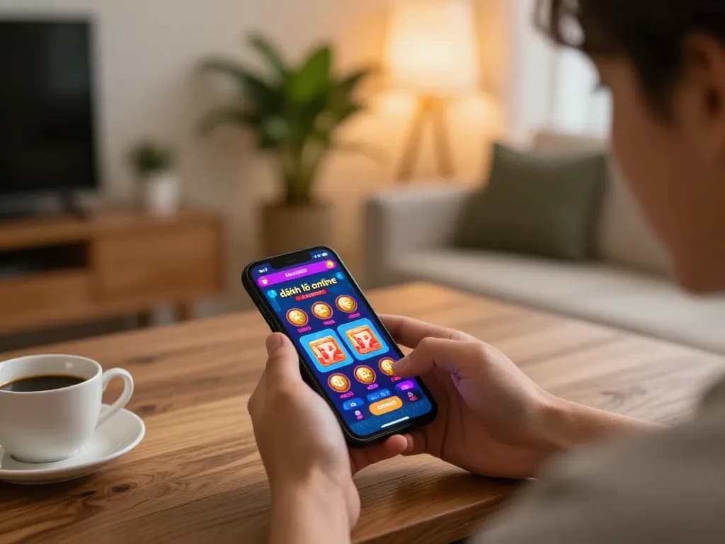 Engaging in đánh lô online via smartphone in a cozy modern setting, showcasing interactive gambling elements.