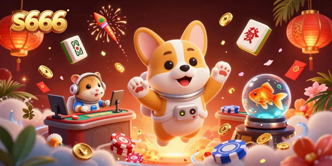 Experience the excitement of s666 with a corgi astronaut and floating casino elements in a vibrant scene.