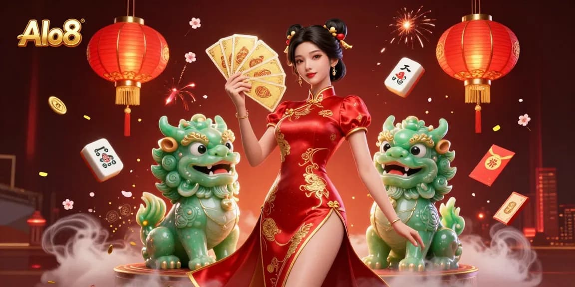 Alo8 offers a lively casino experience with a vibrant woman in qipao and traditional elements.