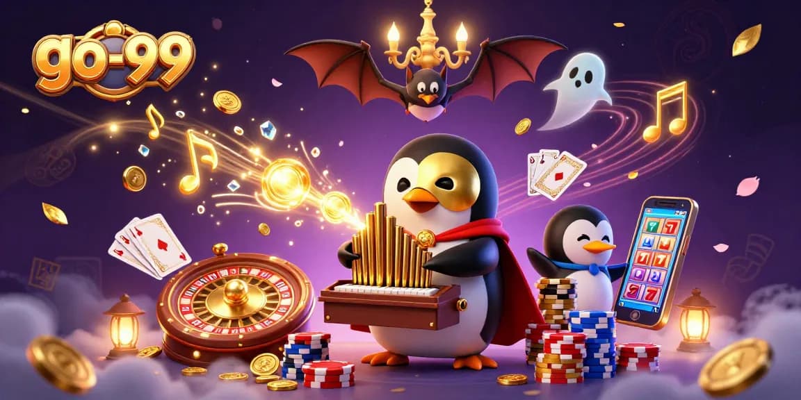 Experience the thrill of go-99 with a vibrant scene of a penguin organist amidst cascading coins and poker elements.