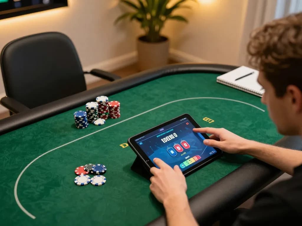 Player enjoying online poker at home through mv66 com, showcasing a strategic gameplay scene.
