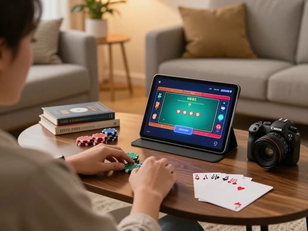 Person engaged in online poker gameplay with SC88 app displayed on tablet, cozy home environment.
