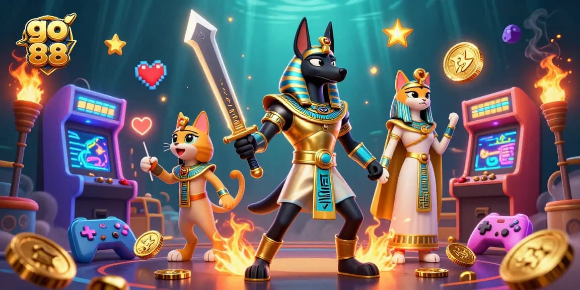 Engage with go 88's vibrant gaming world alongside Anubis and Bastet in this thrilling casino scene.