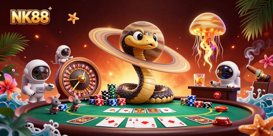 Engage in thrilling bets at NK88's cosmic casino scene with vibrant illustrations and captivating characters.