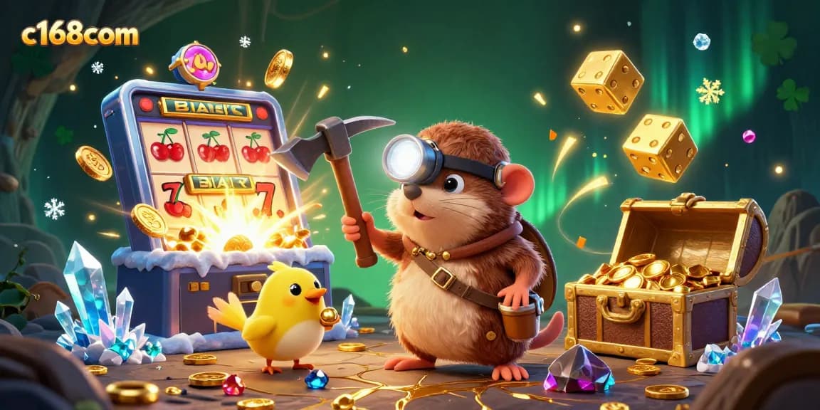Experience the excitement of c168com with colorful casino elements and treasures in a dynamic scene.