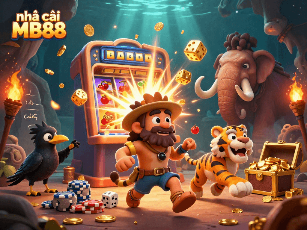 Experience the thrill at nhà cái MB88 with ancient casino games illustrated dynamically in a vibrant scene.