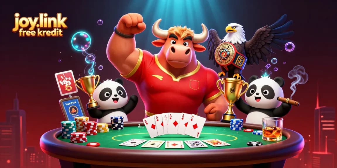Experience joy.link free kredit with winning poker moments featuring a vibrant cartoon scene.